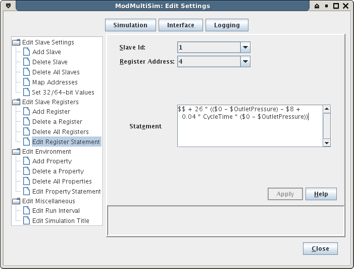 ModMultiSim window for editing settings